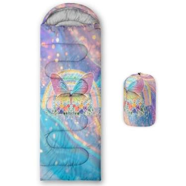 Imagem de lneffble Saco de dormir borboleta para crianças acampando, adequado para crianças, meninos e meninas, portátil, impermeável, compacto e leve, ótimo para acampamento ao ar livre, mochila e caminhada
