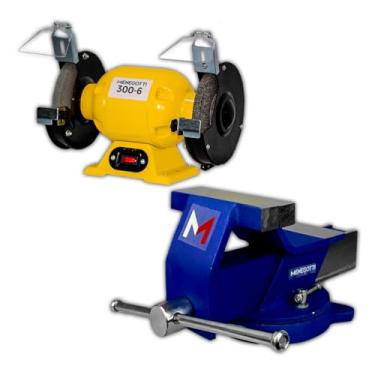 Imagem de Menegotti Morsa Nº6 Sem Mordente + Motoesmeril - 300W 6" com Base Giratória Reforçada | para Bancada de Aço, Oficina e Afiar Ferramentas Semiprofissional e Profissional Kit