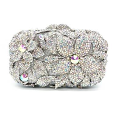 Imagem de GSYPS Bolsa feminina de cristal para noite com flor, luxuosa, strass, bolsa de mão para festa de casamento e festa brilhante, A - prata Ab