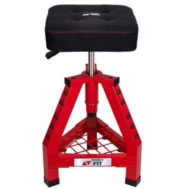 Imagem de FreekyFit Banco de loja ajustável, cadeira de mecânico de garagem, assento de trabalho para oficina, altura ajustável, assento quadrado acolchoado giratório de 360°, armazenamento de ferramentas