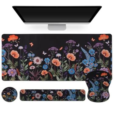 Imagem de Petmolico Apoio de pulso para teclado grande 4 em 1 mouse pad para jogos suporte de pulso para mesa de computador design ergonômico [flor preta, laranja e azul]