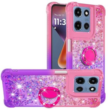 Imagem de Monwutong Capa Slim Fit para Moto G Stylus 5G 2025, brilhante efeito areia movediça TPU bumper anel magnético, quatro cantos, capa de proteção antiqueda pesada para Moto G Stylus 5G 2025, rosa roxo