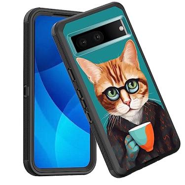 Imagem de GFEWYTJYJ Capa para Pixel 7a, à prova de choque, 3 camadas de proteção total, resistente, resistente, de alto impacto, capa rígida para Google Pixel 7a 6,1 polegadas 2023, gato com óculos bebendo café