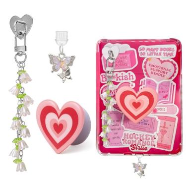 Imagem de AIERSA Conjunto de pingentes fofos para Kindle, pingente de plugue de poeira incluído tipo C/USB C, suporte de coração, chaveiro de flores com gancho para acessórios Kindle, compatível com Kindle