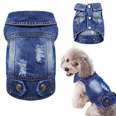 Imagem de (XXL(neck:15 chest:18-20 back:13), B) - SILD Pet Clothes Dog Jeans Jacket Cool Blue Denim Coat Small Medium Dogs Lapel Vests Classic Hoodies Puppy Blue Vintage Washed Clothes