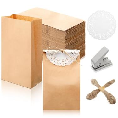Imagem de FoldTier 300 sacos de papel marrom com 300 peças de papel branco redondo de 4,5 polegadas, 2 peças de corda de cânhamo torcida e furador de furo único para casamento, aniversário, presente faça você