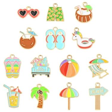Imagem de LiQunSweet 70 peças, 14 estilos, pingentes esmaltados com tema de praia, havaiano, coqueiro, óculos, pingentes de voleibol, para joias, pulseira, colar, brinco, bolsa, chaveiro, decoração de telefone