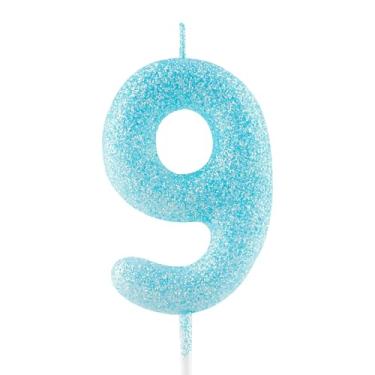 Imagem de Vela de aniversário de 9 anos com glitter azul número 9 velas luminosas de topo de bolo decorações de feliz aniversário para meninas, meninos, mulheres, comemorações, artigos de festa
