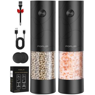 Imagem de FORLIM Conjunto de moedor elétrico de sal e pimenta, recarregável por USB, moedor automático de sal e pimenta com capa contra poeira, controle de um botão, grossura ajustável, luz LED branca (2