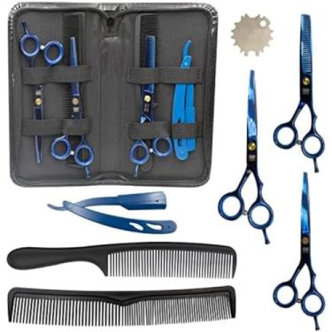 Imagem de Kit 3 Tesouras Barbeiro Cabeleireiro Barba Cabelo Profissional com Navalhete(Azul)