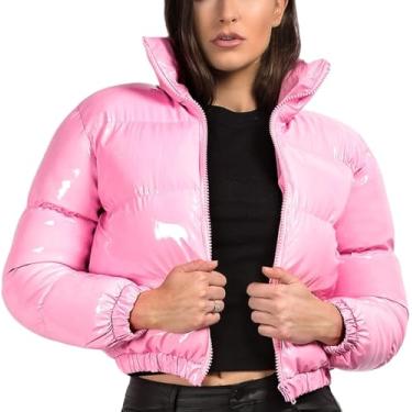 Imagem de Jaqueta Puffer Cropped Feminina Inverno Brilhante Zip Up Curto Bubble Puffy Coats, Pink, M