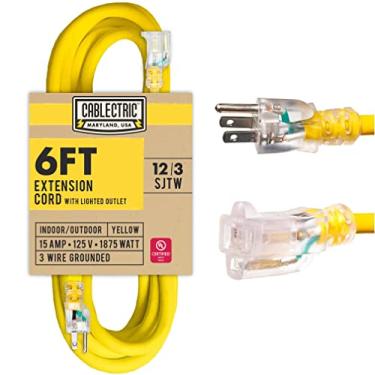Imagem de Cablectric Cabo de extensão externo calibre 12 de 1,8 m, cabo de extensão resistente 12/3, extremidade iluminada de 3 pinos, cabo elétrico industrial SJTW à prova de intempéries para grandes