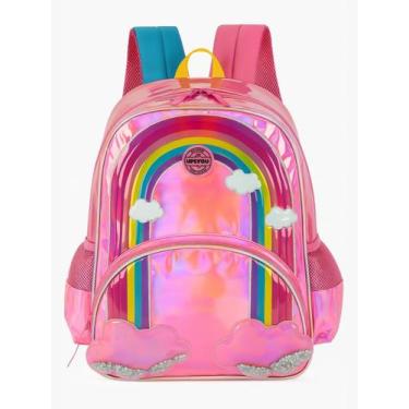 Imagem de Mochila Escolar Menina De Costas Arco-Íris Holográfica Rosa - Luxcel