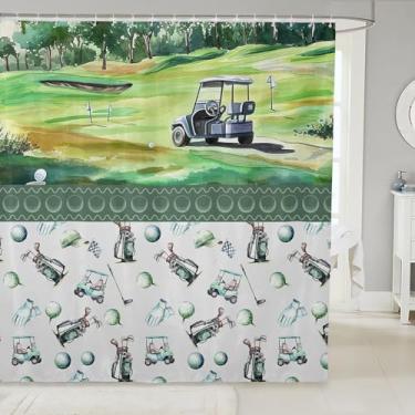 Imagem de Homewish Painel de cortina de banho de golfe, cortina de chuveiro com tema de jogos de bola esportiva para meninos, cortina de banheiro de campo verde em aquarela com 12 ganchos, 182 cm L x 192 cm C