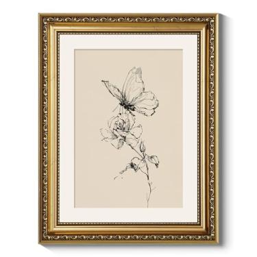 Imagem de ARPEOTCY Decoração de parede emoldurada de 28 x 35,5 cm com borboleta e flor, desenho botânico vintage em tela com moldura dourada, arte de parede minimalista em preto e branco para quarto e sala de