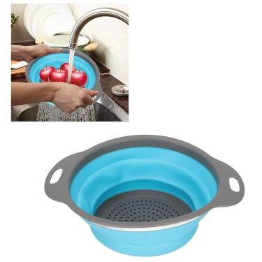 Imagem de Escorredor De Alimentos Em Silicone Retrátil Portátil Macarrão Lavar Legumes Salada Frutas Cozinha - Azul