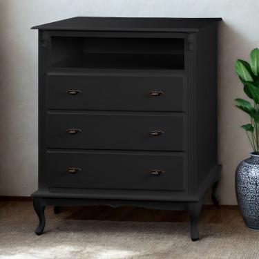 Imagem de Cômoda Rústica Com 3 Gavetas E Nicho Pés Luiz Xv - Preto Laca