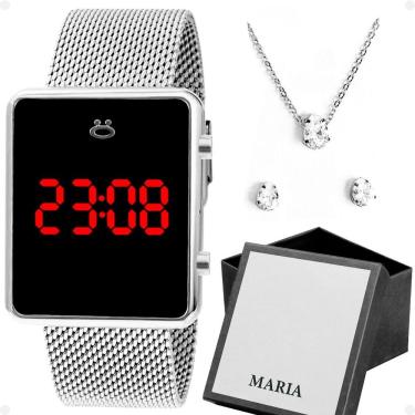 Imagem de Relogio Feminino Digital Aço Inox + Brincos + Caixa + Colar Qualidade Premium Social Pr...