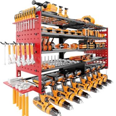 Imagem de DAYSUP Organizador de ferramentas elétricas de 5 camadas, suporte de armazenamento de ferramentas sem fio com 8 suportes de broca, prateleira de parede de garagem resistente para oficina, sala de