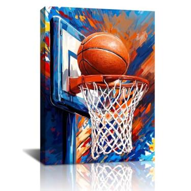 Imagem de Arte de parede de basquete para quarto de meninos, pôster de arte emoldurado colorido de basquete, tema esportivo inspirador, pintura de grafite, decoração de parede, presente para fãs de esporte