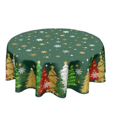 Imagem de Toalha de mesa redonda para árvore de Natal, 152 cm, verde e dourada, com tema de Natal, floco de neve, toalha de mesa decorativa de inverno para cozinha, jantar, decoração de casa