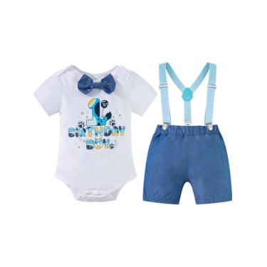 Imagem de MOMMY'S NEW MAN Macacão infantil para meninos, primeiro aniversário, melão + shorts + suspensórios para sessão de fotos, Azul 1, 12-18 Meses