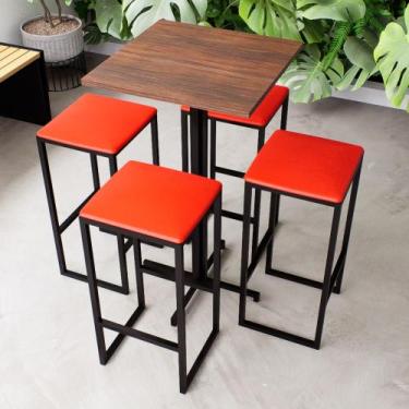 Imagem de Conjunto Mesa Alta Bar Bistrô Quadrada Imbuia 4 Bancos Estofado Indust