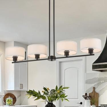Imagem de VILUXY Modern Farmhouse Island Light Black for Kitchen L41 Tecido Longo 4 Luzes Lustre Luminária Pingente Linear para Sala de Jantar Sobre Mesa de Jantar