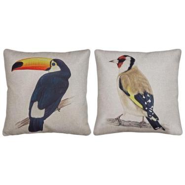 Imagem de 2 Capas de Almofada Linho Pássaros Tucano Pintassilgo 43x43 - M3 Decor
