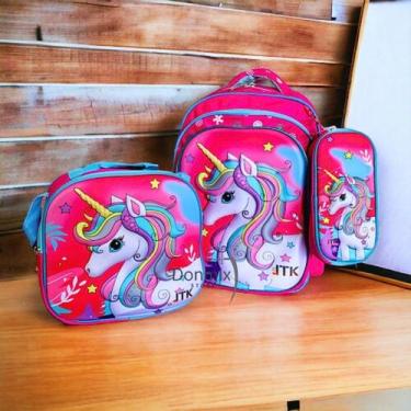 Imagem de Kit Mochila Infantil Grande 3d Escolar com Lancheira e Estojo Unicórni