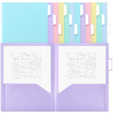 Imagem de Fuutreo 12 pastas pastéis de plástico a granel com 2 bolsos e abas cortadas de 1/3 para papel tamanho carta com etiquetas coloridas para material organizador de escritório escolar
