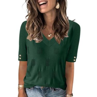 Imagem de Suéter feminino AKEWEI com decote em V e manga curta, tricotado verde