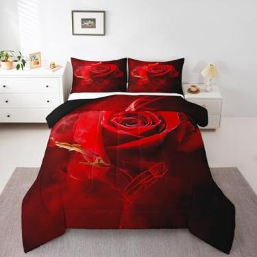 Imagem de Erosebridal Jogo de cama queen com estampa de flores elegantes em microfibra 3D para o Dia dos Namorados, preto, vermelho, rosa, floral, 3 peças, edredom acolchoado com 2 fronhas