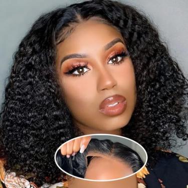 Imagem de Perucas HD sem cola, cabelo humano, pré arrancado, pré cortado, bob, 40,6 cm #1B, preto natural, 210% de densidade, cabelo humano, cabelo humano cacheado, peruca frontal ondulada profunda para