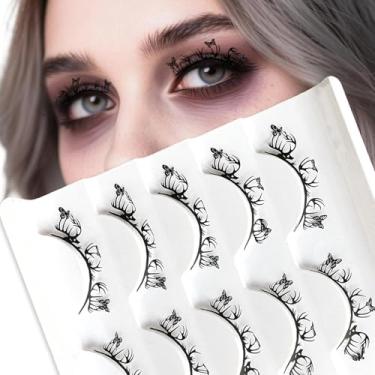 Imagem de 5 pares de cílios postiços de Halloween, cílios de borboleta para baile de máscaras de fantasia de Halloween, reutilizáveis, cílios góticos de renda preta à prova d'água