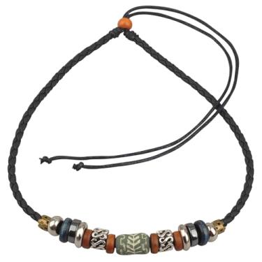 Imagem de Ancient Tribe Colar gargantilha tribal Boho com cordão de couro trançado, contas de cerâmica e fecho ajustável, 38 cm, One Size, Couro Madeira Zinco, Sem Pedra Preciosa