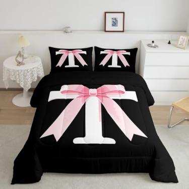 Imagem de jejeloiu Conjunto de edredom com laço rosa kawaii, presente para mulheres, adolescentes, tamanho solteiro, preto e rosa, ultramacio, personalizado, com letra T, laço coquete moderno