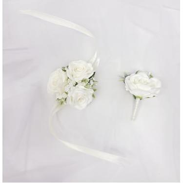 Imagem de DESUNESS Conjunto de corpete de rosa branca e flor na lapela com folhas verdes para casamento, acessórios de flores, decorações de terno de formatura