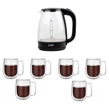Imagem de Chaleira + 6 Canecas Vidro Transparente 1,8L/260ml