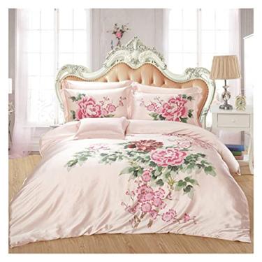 Imagem de Conjunto de cama de seda pura 4 peças estampa floral com capa de edredom lençol 2 fronhas (cor: A, tamanho: Queen Size 4 peças) (A King Size 4 peças)