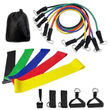 Imagem de Kit 11 Extensor Elástico Treino Em Casa e Kit 5 Mini Band Para Exercícios Multifuncional Yoga Fisioterapia e Treino
