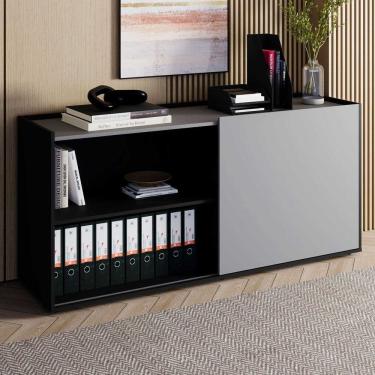 Imagem de Armário Baixo 158cm Porta de Correr e 2 Nichos em Mdp com Puxadores Metálicos Corporate Cinza Sagrado /Preto