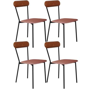 Imagem de Kit 04 Cadeiras Estofada Para Sala de Jantar Liora Preto C01 Linho Rosê Courino Caramelo - Lyam Decor