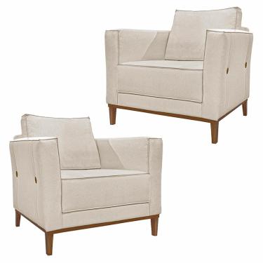 Imagem de Kit 2 Poltronas Decorativas Pés em Madeira Tarantino Linho Off White Rústico - Gran Belo