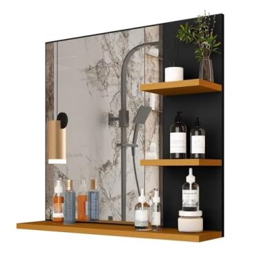 Imagem de Espelheira Com Prateleira Organizadora Espelho Decorativo Armarinho Banheiro Suspenso(PRETO/FREIJÓ)
