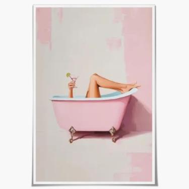 Imagem de Lindas imagens cor-de-rosa decoração de banheiro engraçado banheira mulher com martini pôster estético moderno minimalista feminino pintura rosa banheiro parede arte linda menina banheiro dormitório