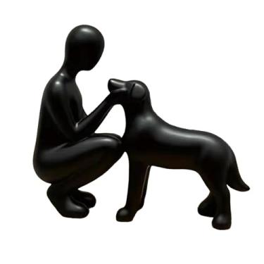 Imagem de Wswqop Coleção de estátuas de resina de homem e cachorro, artesanato, escultura de cachorro humano, ornamento para sala de estar, escritório, lareira, Preto