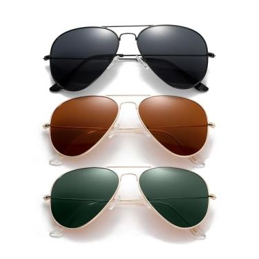 Imagem de (Pacote com 3) Óculos de sol aviador para mulheres e homens, armação piloto leve, Preto/preto + dourado/verde + dourado/marrom
