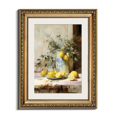Imagem de InSimSea Arte de parede retrô emoldurada em ouro, arte de impressão em tela de vida morta de limão, decoração de prateleira de cozinha pequena, 28 x 35,5 cm, imagens de fazenda rústica vintage para