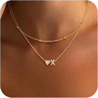 Imagem de Colar com pingente de letra de camada dupla com pingente de coração para mulheres, pingente delicado do alfabeto, joia personalizada para uso diário, One Size, Metal, Sem Pedra Preciosa